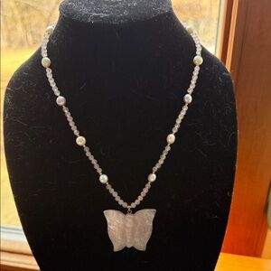 Elegant Lee Sands Pearl & Rose Quartz Butterfly Necklace